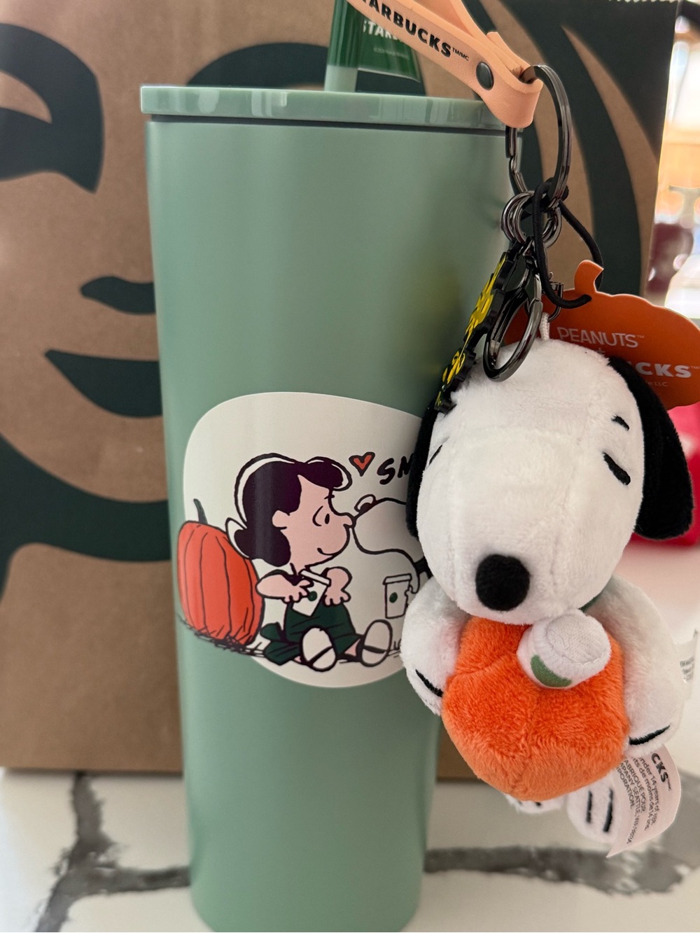 Starbucks Mint Green Peanuts Snoopy Tumbler with Pumpkin Plush Keychain